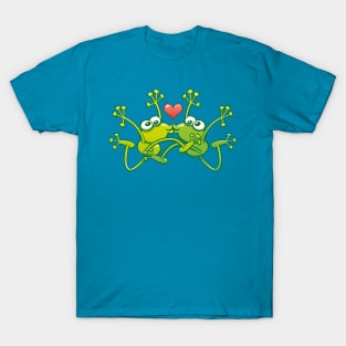 Funny green frogs falling in love while performing an acrobatic kiss T-Shirt